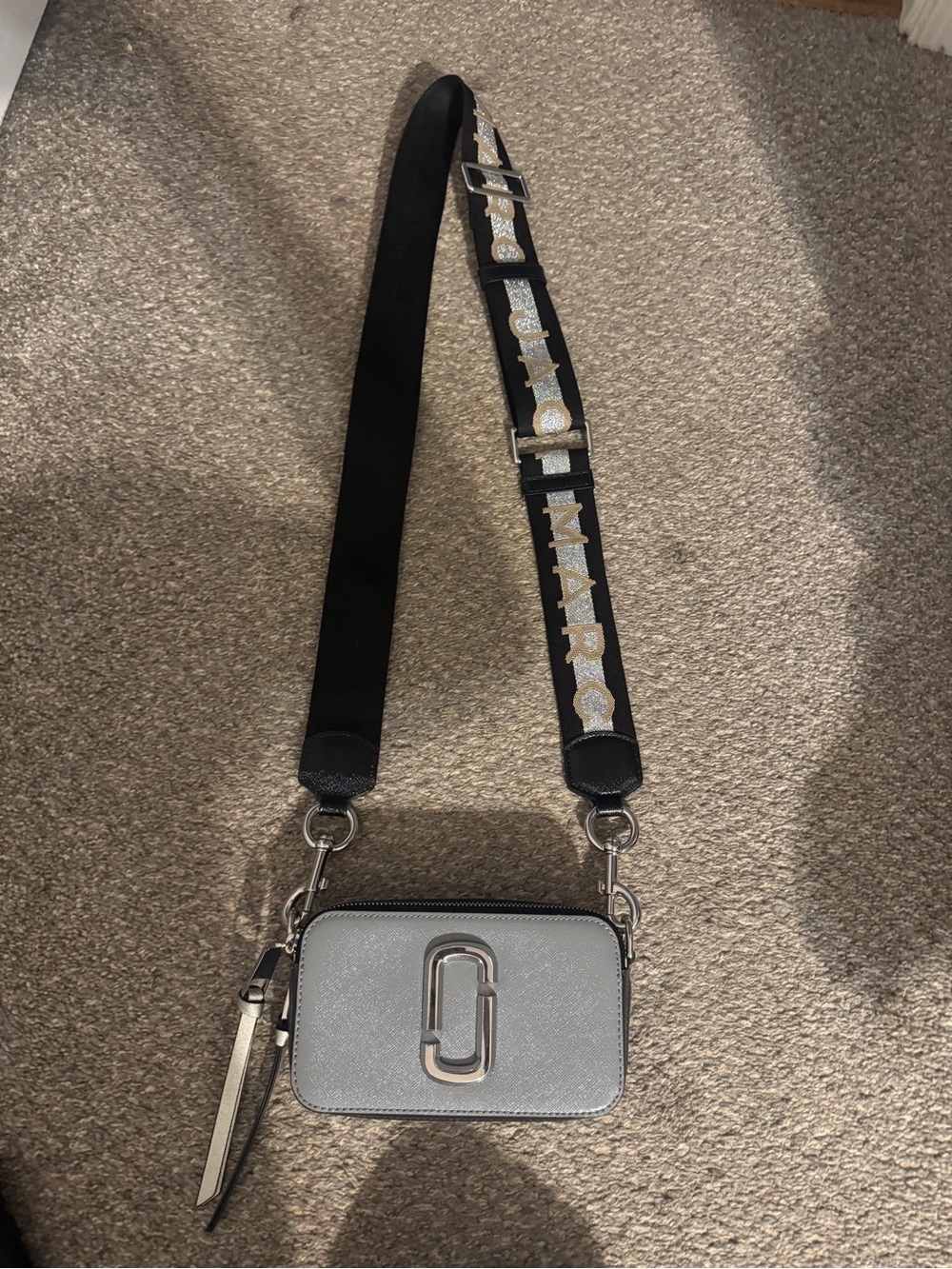 Marc Jacobs Silver Snapshot Camera Crossbody with Branded Black Strap